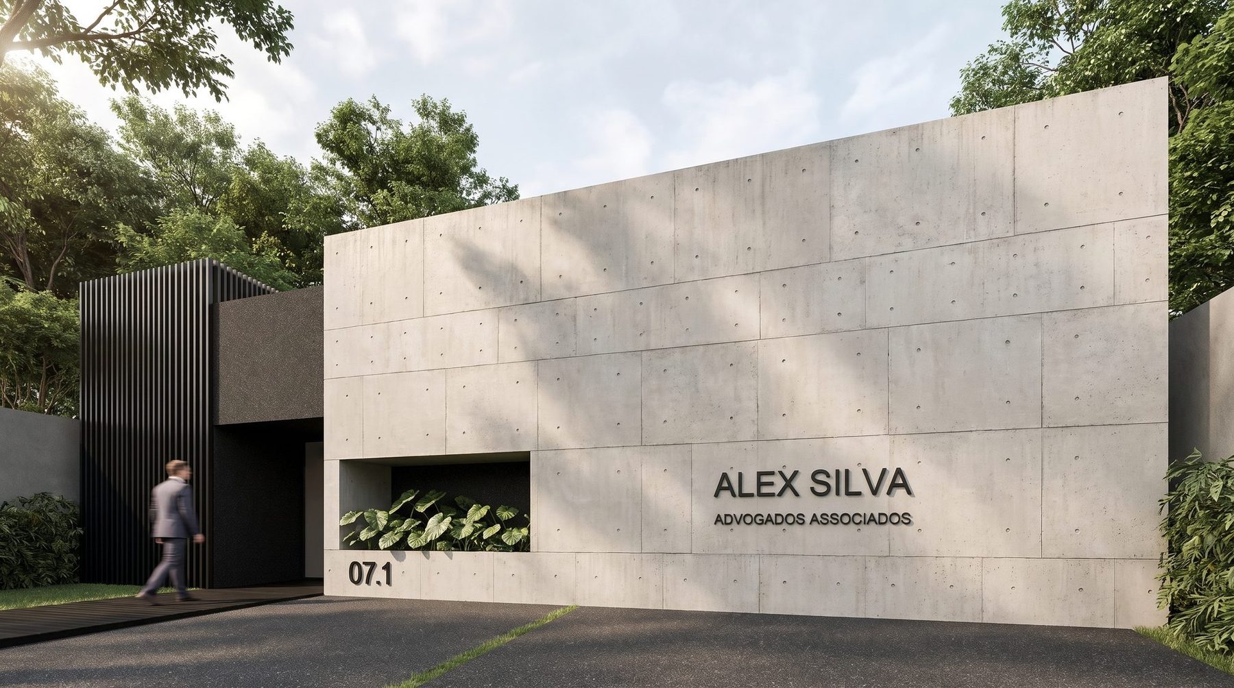 Alex Silva Advogados — fachada em concreto aparente no Setor Sul