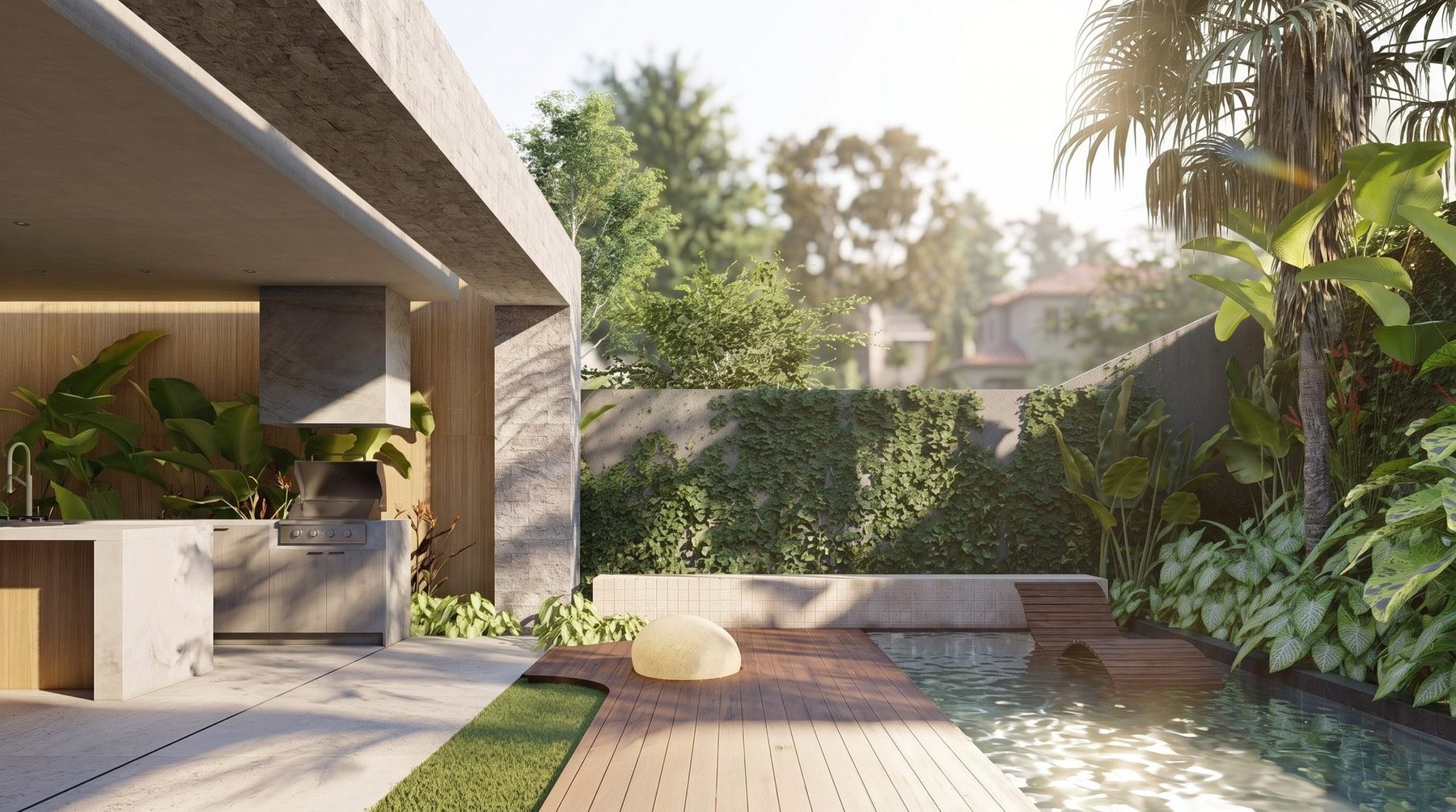 A varanda · o jardim e a piscina