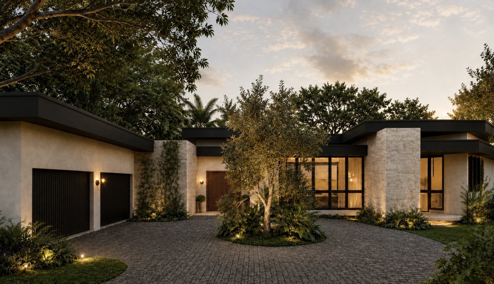 Casa Barcelona — o porte-cochère e a árvore do pátio de chegada, ao anoitecer