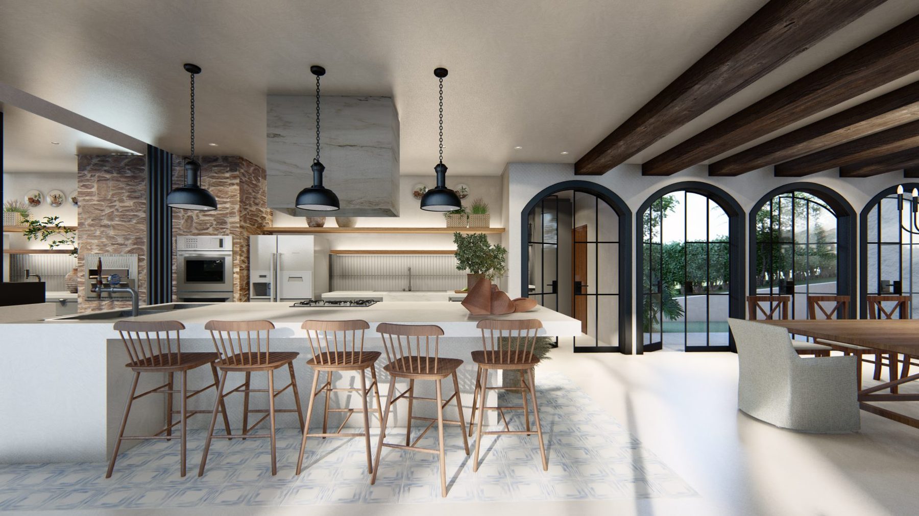 A cozinha · a ilha e os arcos