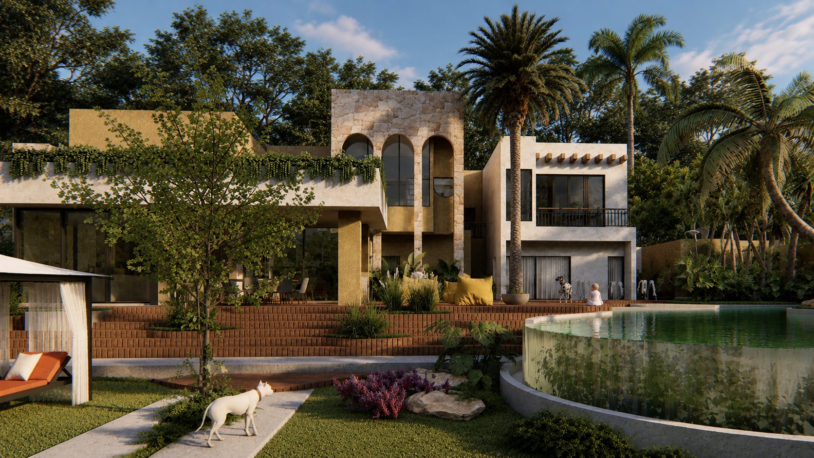 Casa do Lago — os volumes claros e a piscina, vistos do jardim