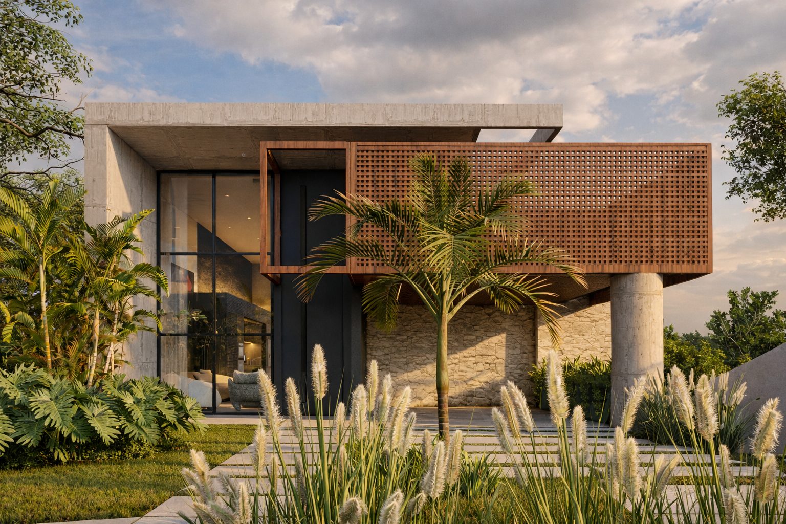 Casa Muxarabi — volume suspenso em muxarabi de madeira sobre base de concreto e pedra