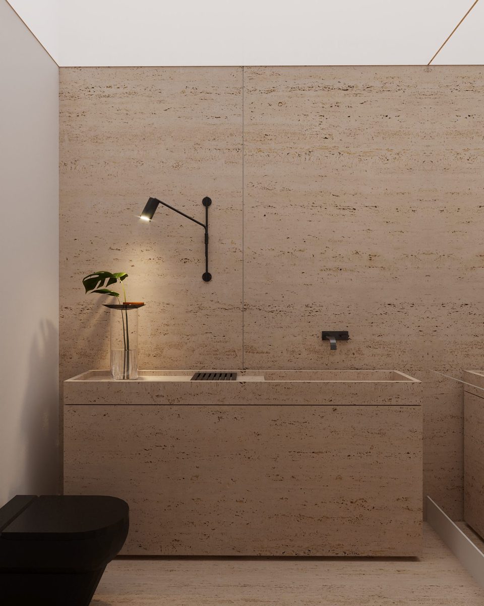 O lavabo · o travertino inteiro