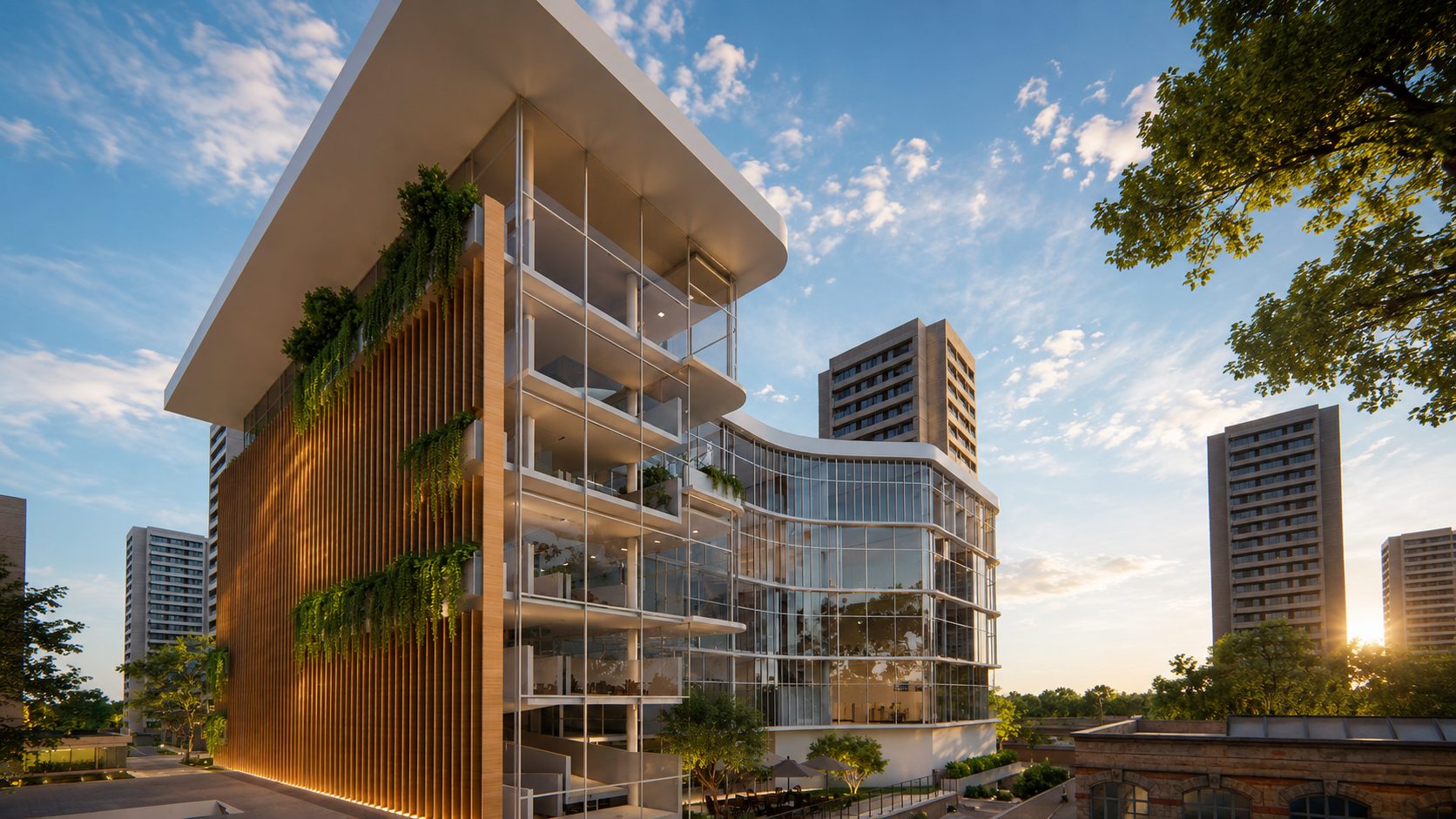 Hospital Santa Maria — fachada com vegetação nos pavimentos, ao fim da tarde