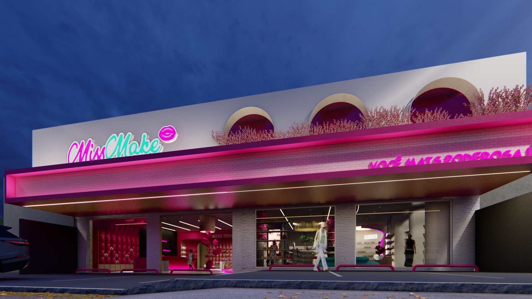MissMake Flagship — a fachada rosa com o letreiro em neon, ao anoitecer